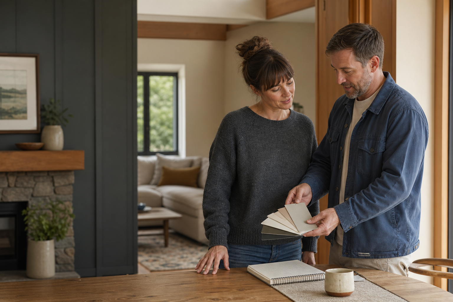 Homeowners reviewing paint color samples during a project consultation