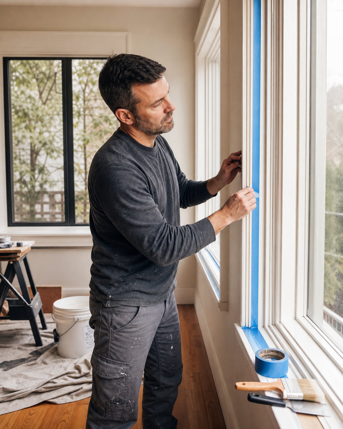 Painter carefully masking window trim before painting